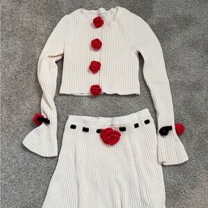 For Love And Lemons Cream Knit Top with Red Floral Detail